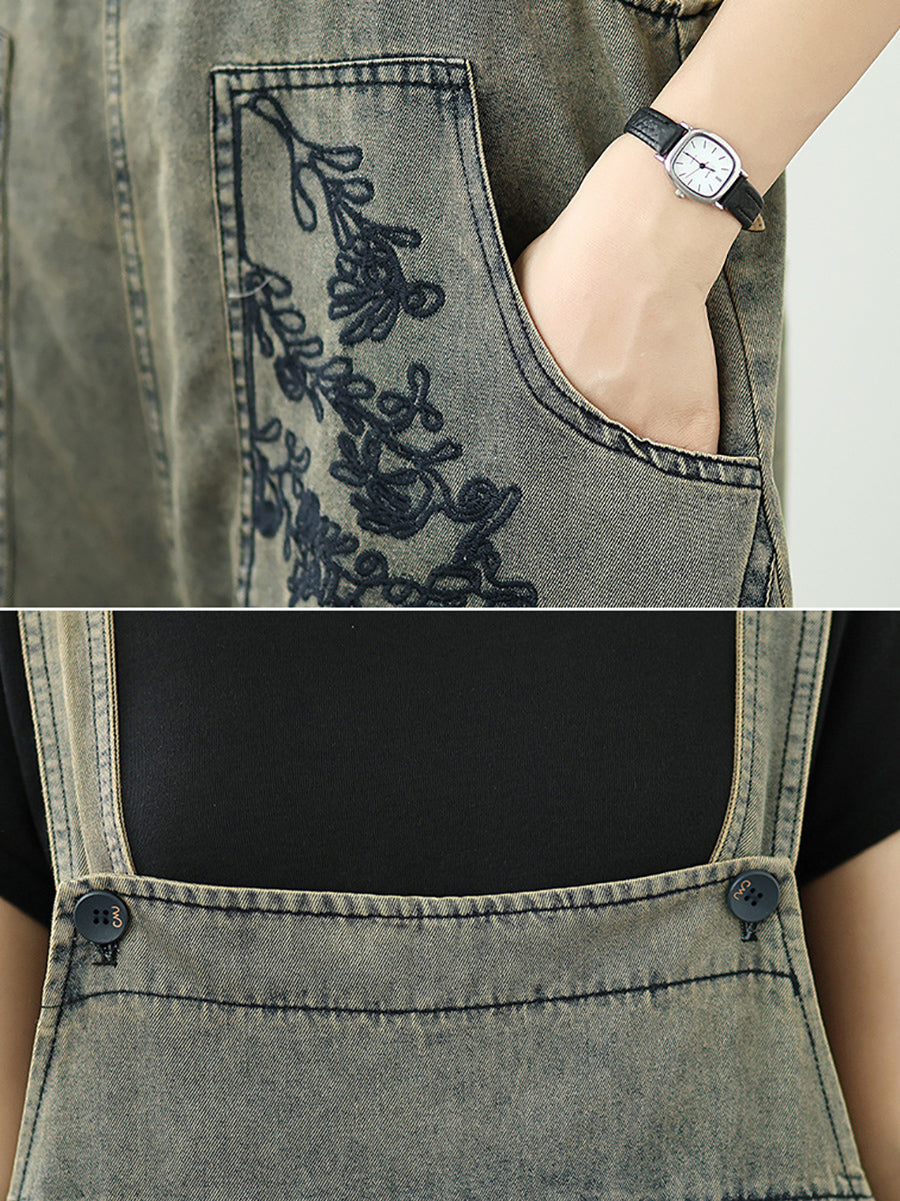Women Flower Denim Summer Embroidery Jumpsuits Long