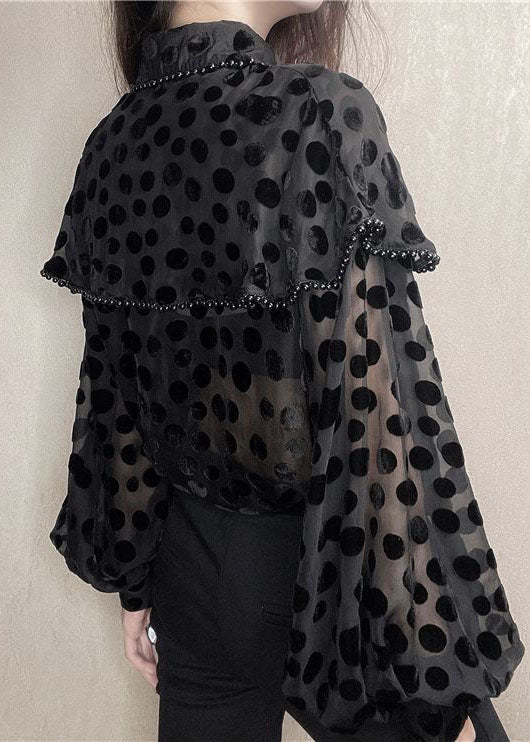 Black Unique Pan Patchwork Nail Peter Velour Collar Blouses Bead