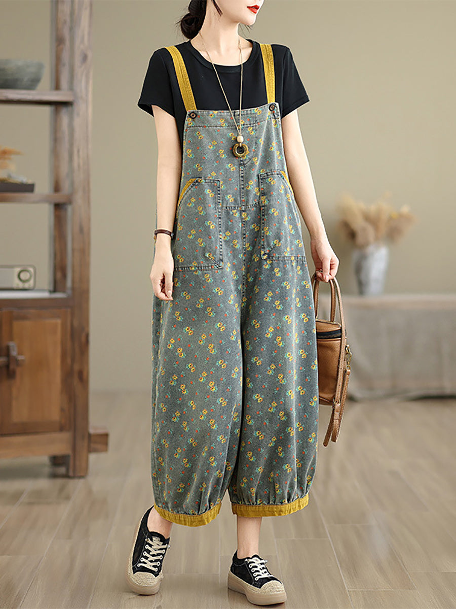 Denim Casual Summer Wide-leg Jumpsuits Floral Women