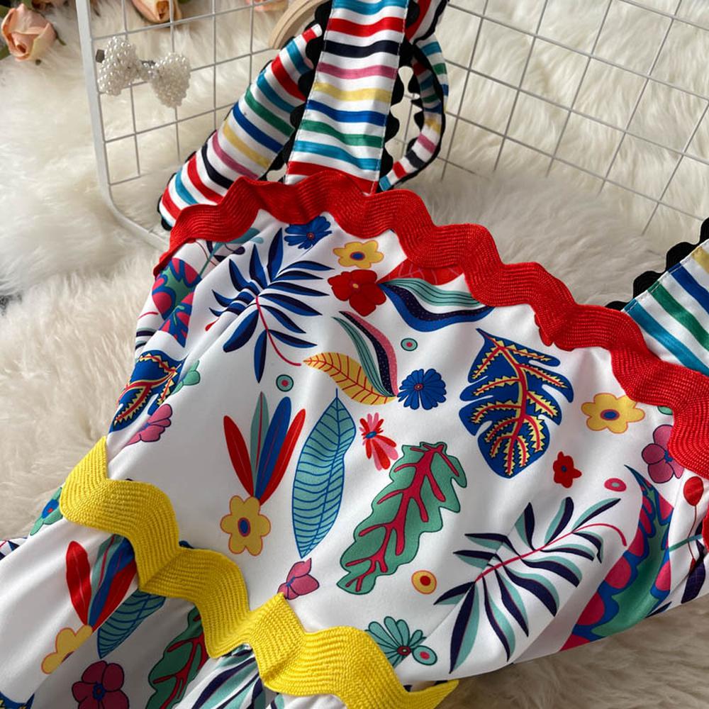 Art white Square Collar Rainbow Striped Floral Print Straps Dress