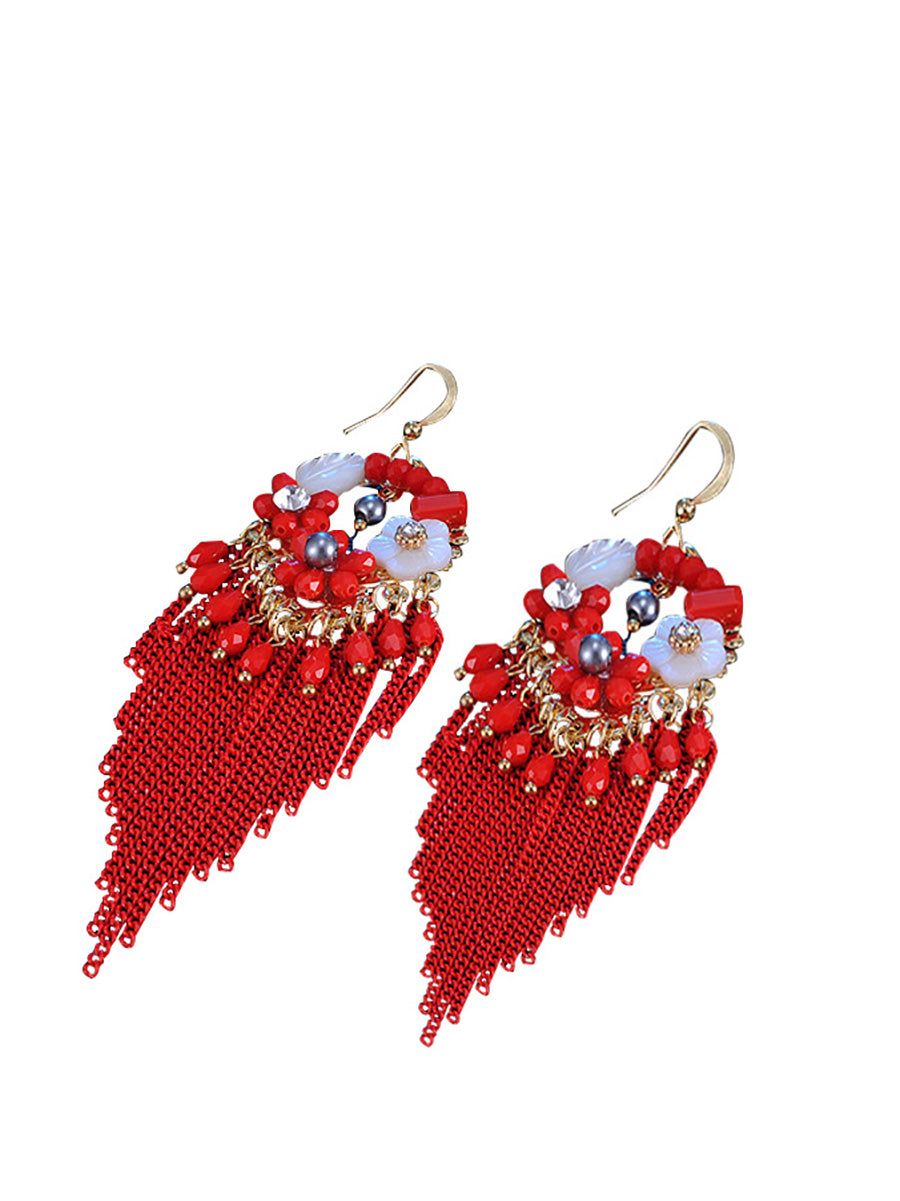 Bohemia Women Tassel Bead Flower Alloy Earrings G160