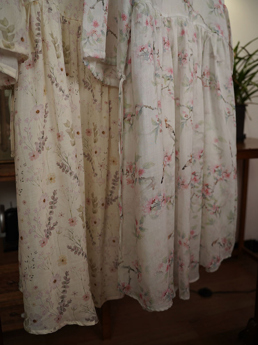 Frauen Sommer Ethnisch Floral V-ausschnitt Schnalle Ramie Kleid TY1007