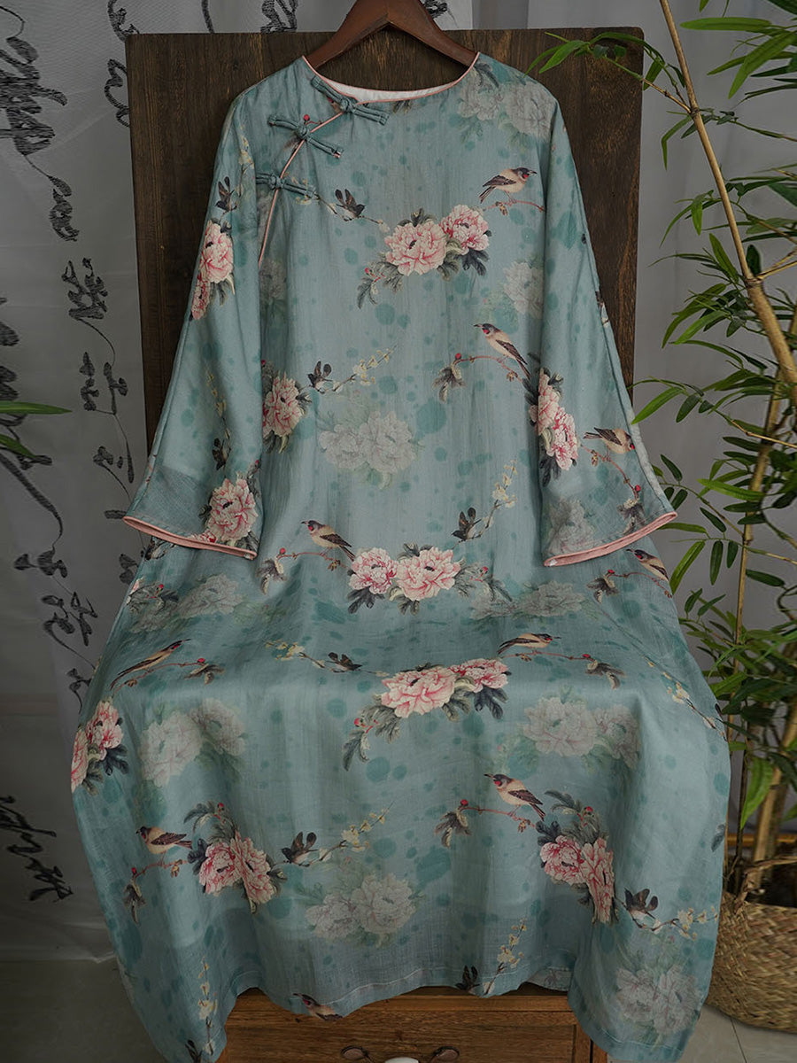 Women Autumn Vintage Flower Ramie Blue Robe Dress AX1004