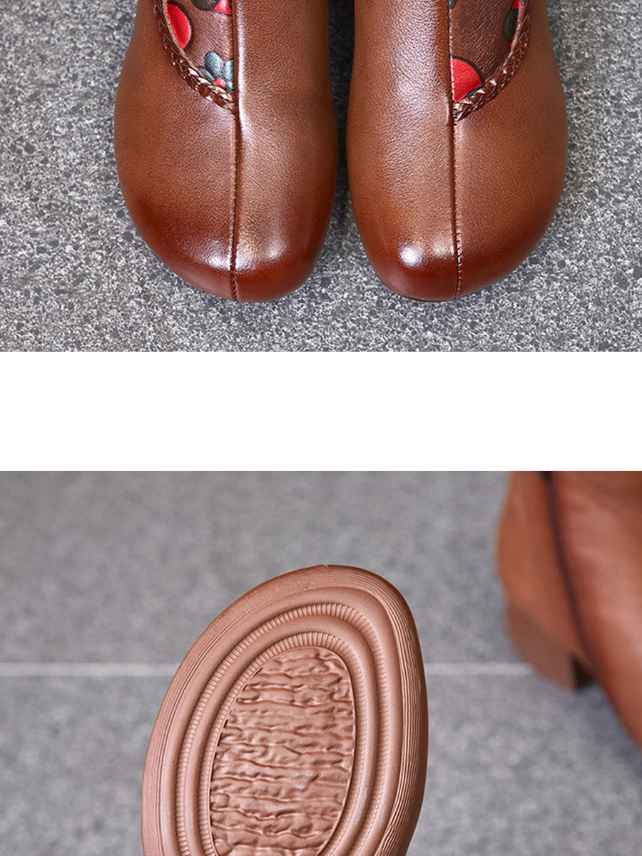 Bottes à talons mi-hauts en cuir épissuré à fleurs ethniques pour femmes AI1013