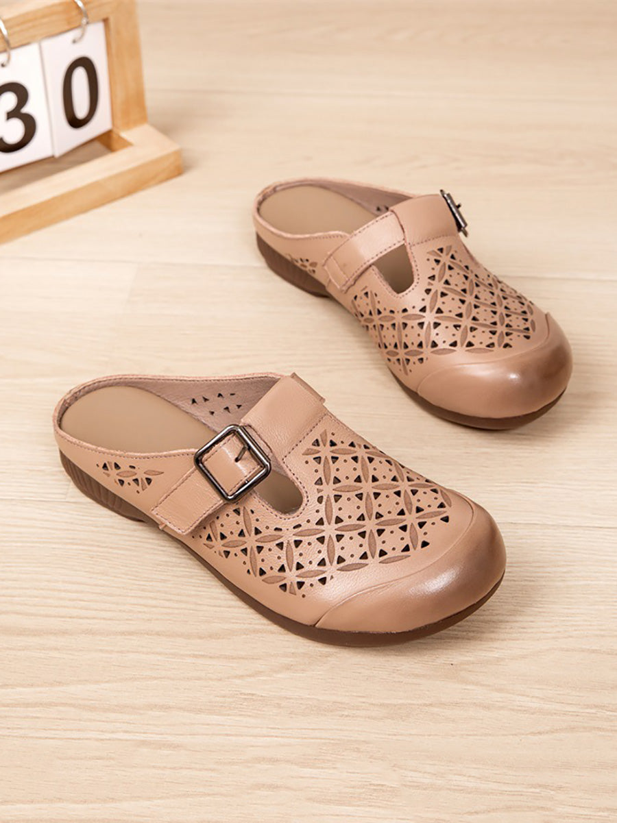 Women Leather Hollow Vintage Shoes Low Genuine Out Heel