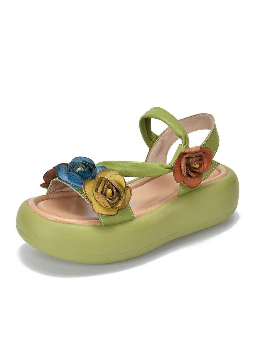 Leather Vintage Sandals FLower Platform Women