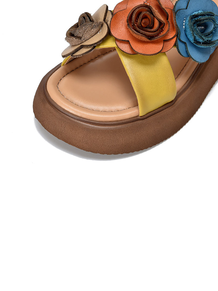 Platform Spliced Leather Summer Women Slippers Flower