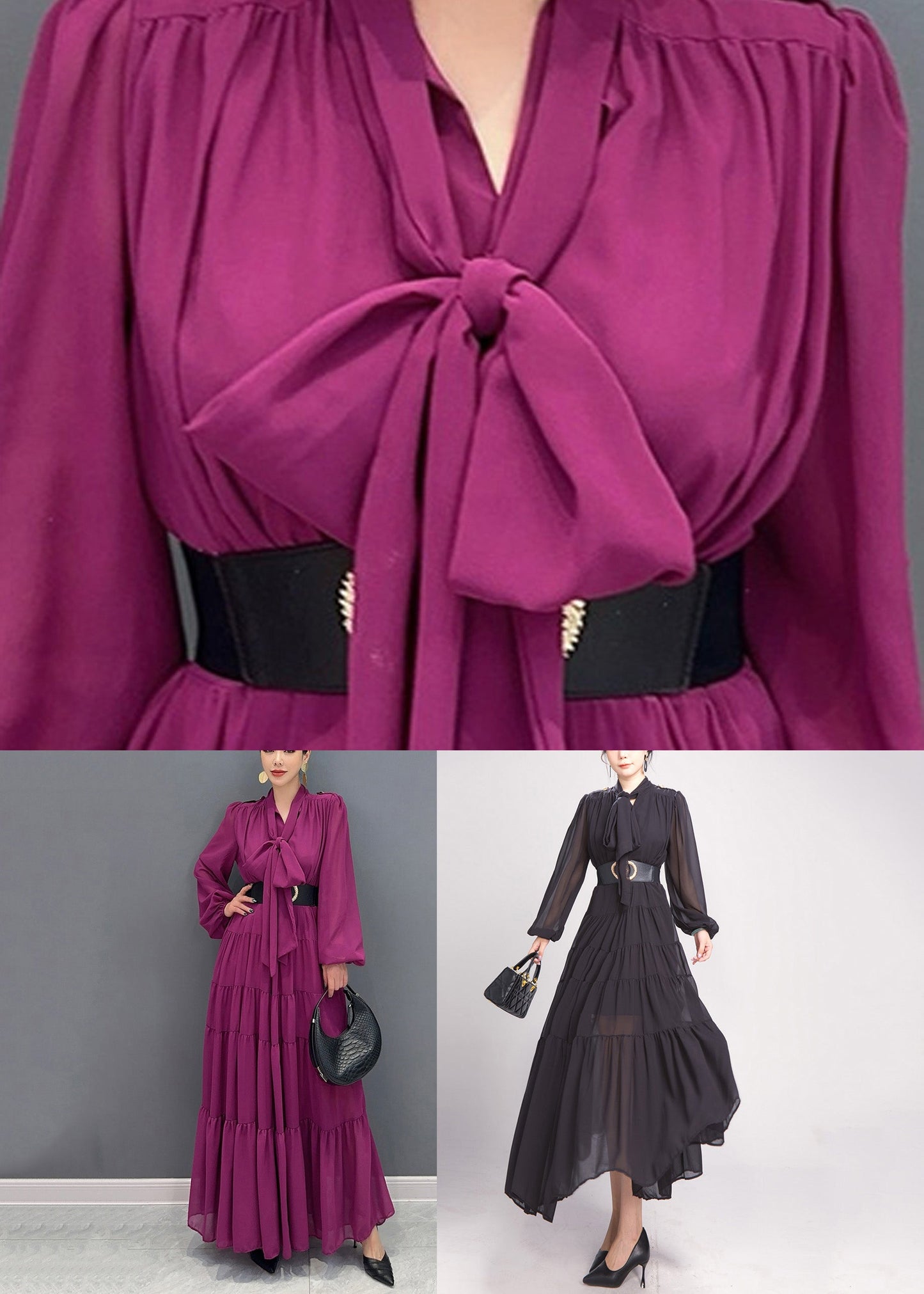 Robe longue en mousseline de soie à col en V violet chic et patchwork pour l'automne AO1040