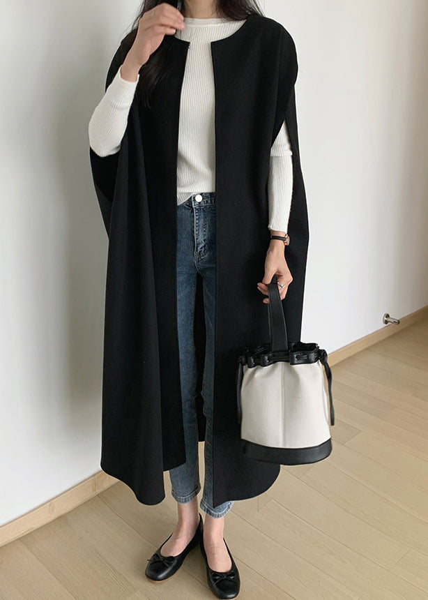 Black Oversized Women Sleeveless Pockets Coats Woolen