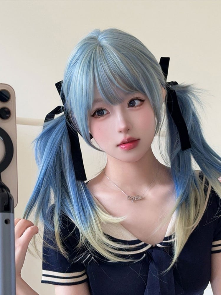 Air Hair 65CM With Bangs Length Cut Wig Color Blue Ombre Straight Hime