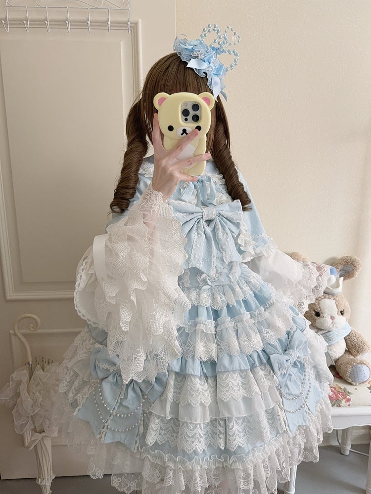 Skirt Bows Decoration Lolita Tiered Hanayome Blue Big Dress