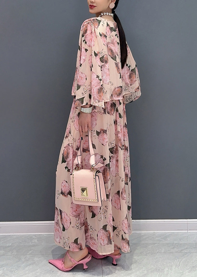 Edler rosa Chiffon-Zweiteiler mit Rundhalsausschnitt und Print, Damenbekleidung, Sommer, AO1010