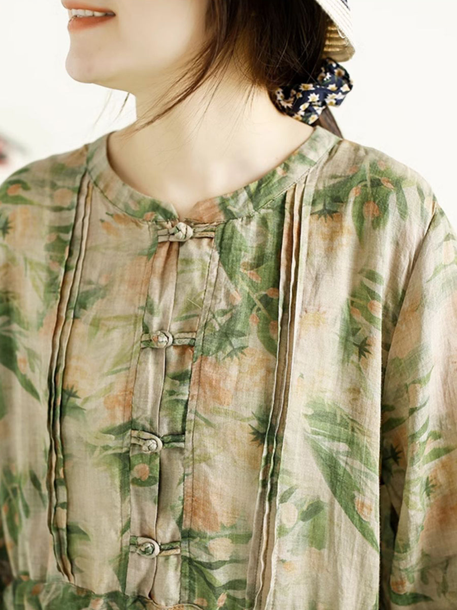 Damen Sommerkleid mit floralem Muster und gerafftem Ramie-Muster QW1043