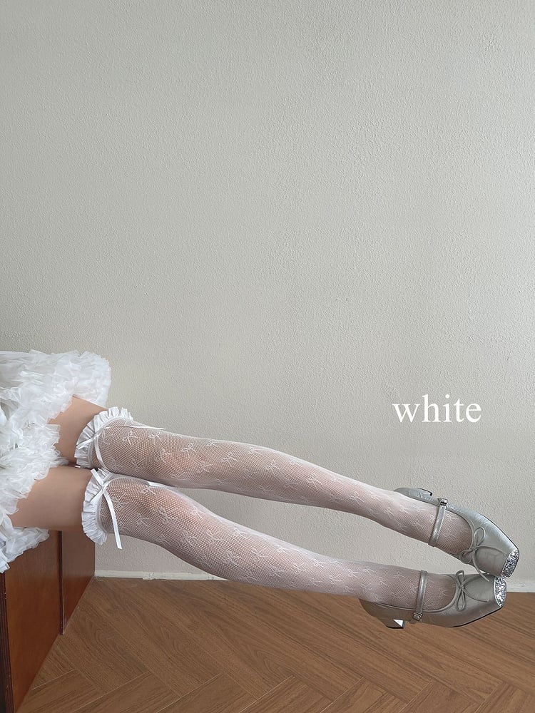 Yellow/Black Stockings Lace Details Overknee White/Light Bowknot Trim