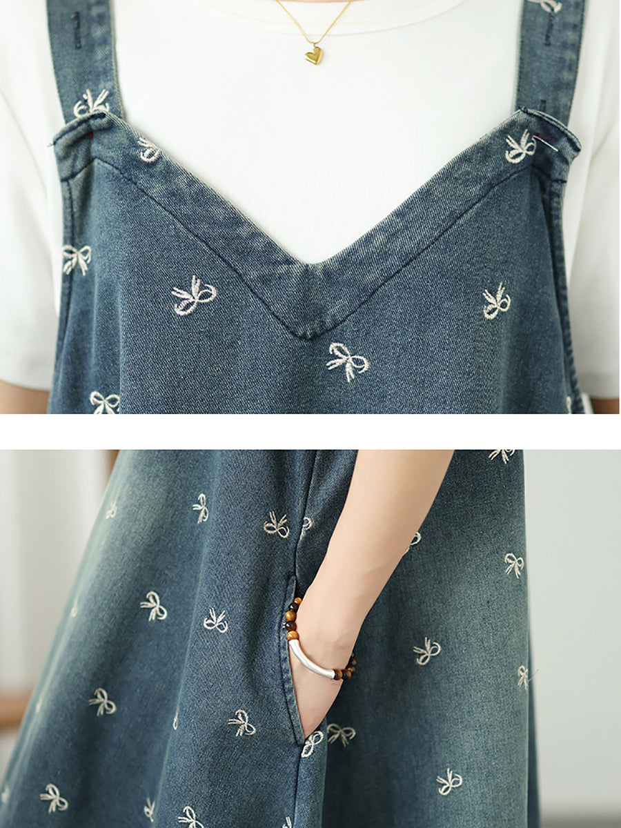 Summer Women Overall Denim Embroidery Dress Bowknot