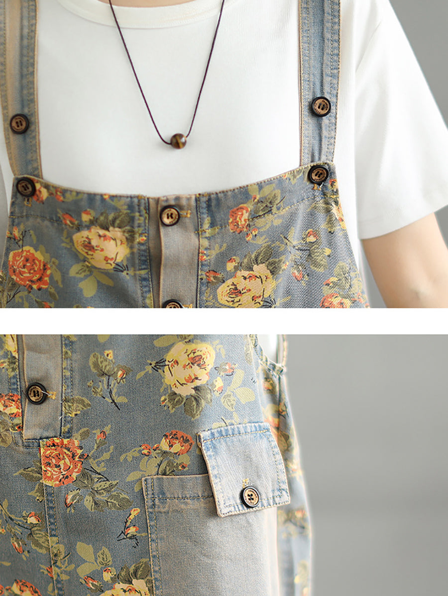 Women Flower Denim Jumpsuits Artsy Short Summer