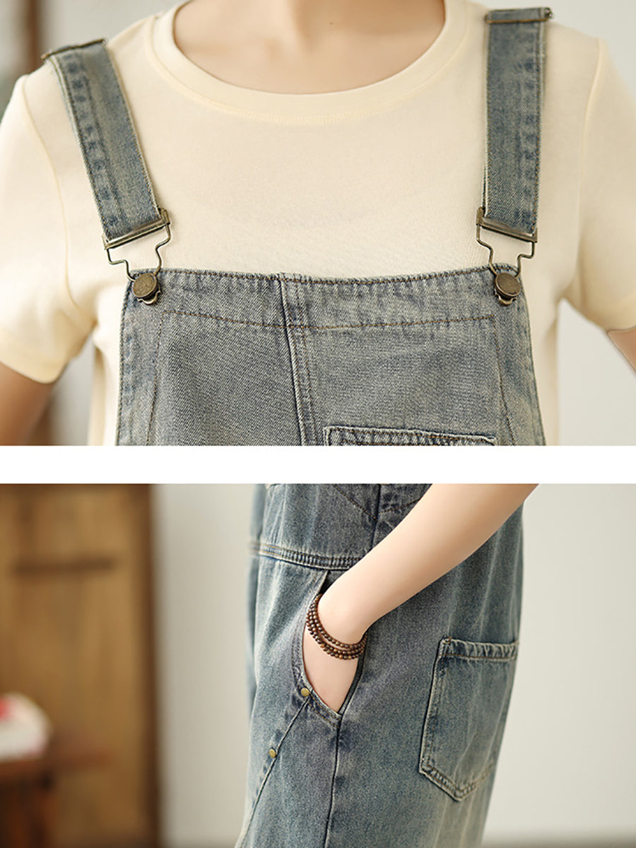 Women Pure Straight Summer Jumpsuits Color Denim Casual