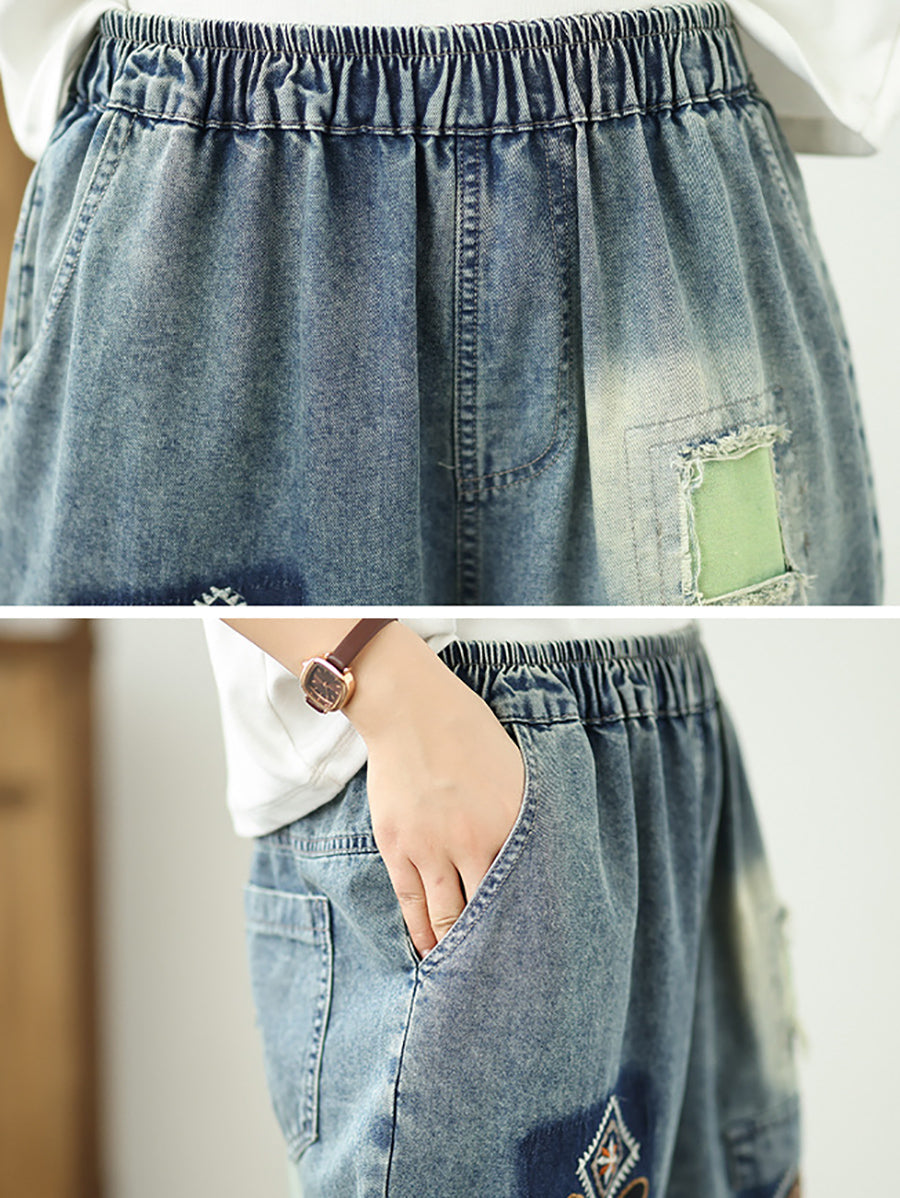 Flower Denim Patchwork Retro Fifth Women Embroidery Pants