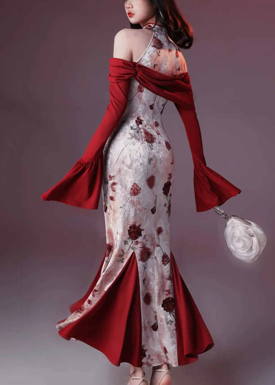 Fishtail Flare Chic Velvet Dresses Silk Red Print Patchwork