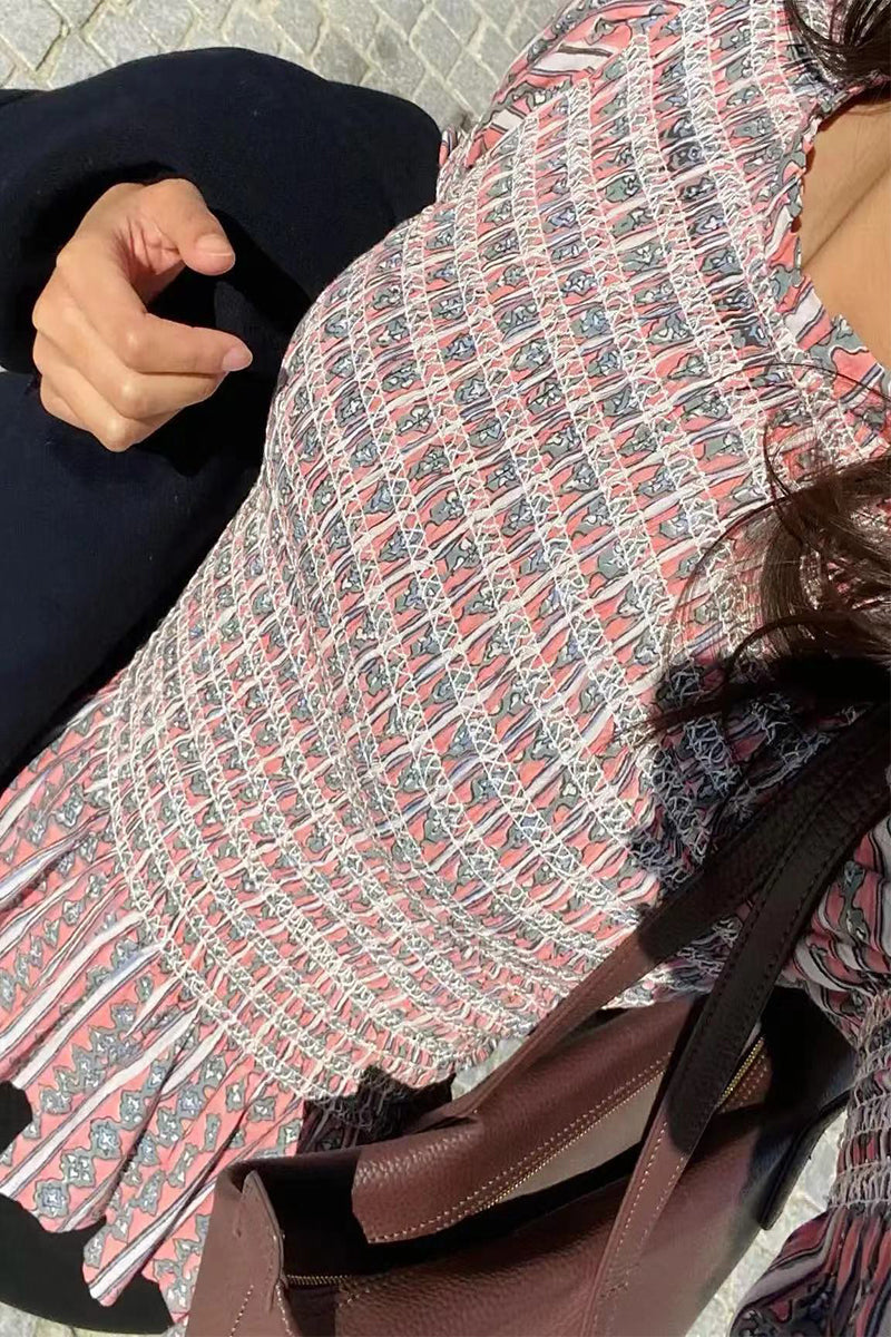 Sweet Plaid Geometric Fold Contrast O Neck Tops