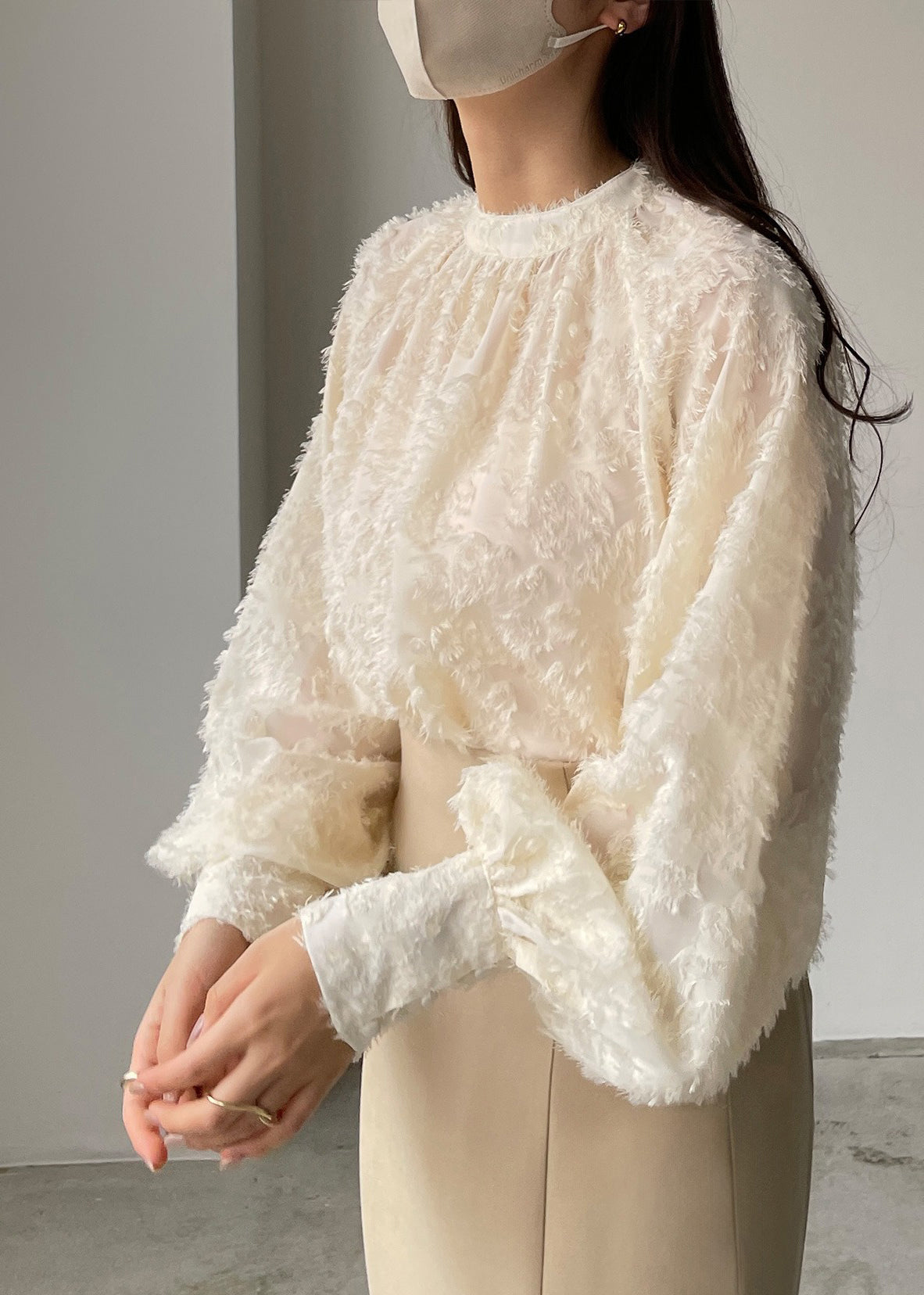 Top Classy Tasseled Beige Shirt Lantern Chiffon Sleeve