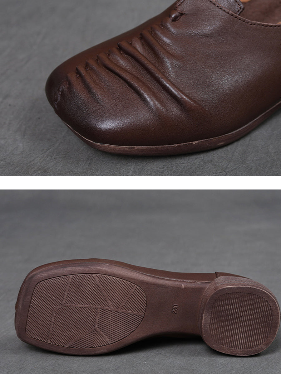 Heel Mid Genuine Leather Spliced Shoes Women Vintage