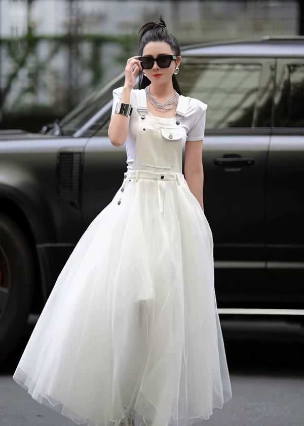 Distinctive Dress Patchwork Denim Strap Summer White Tulle