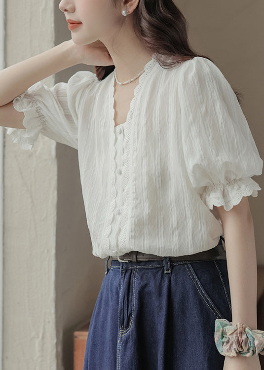 V Top Neck Summer White Lace Patchwork Casual