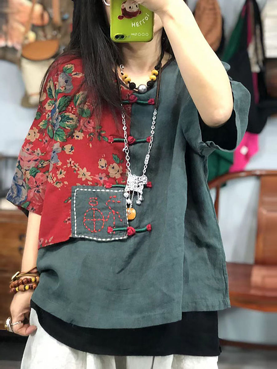 T-Shirt mit Blumenstickerei im Retro-Stil aus Ramie-Baumwolle für Damen in Übergröße AS1029