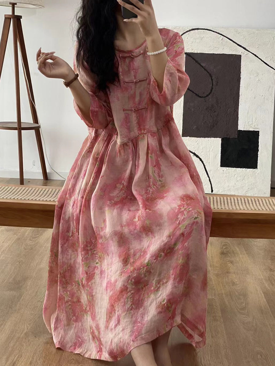 Frauen Vintage Sommer Floral Schnalle Leinen Kleid AA1007