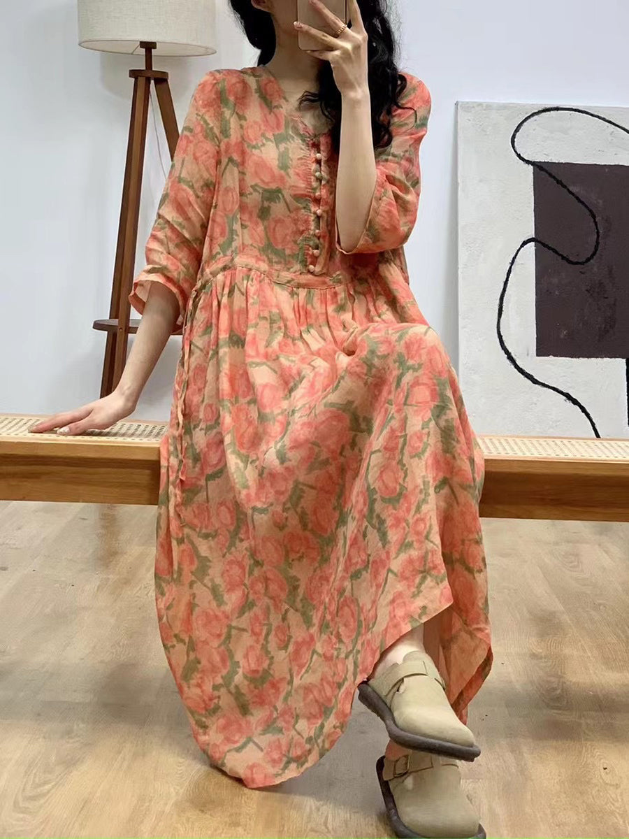 Damen Artsy Floral Sommer V-Ausschnitt Ramie Kleid AA1036