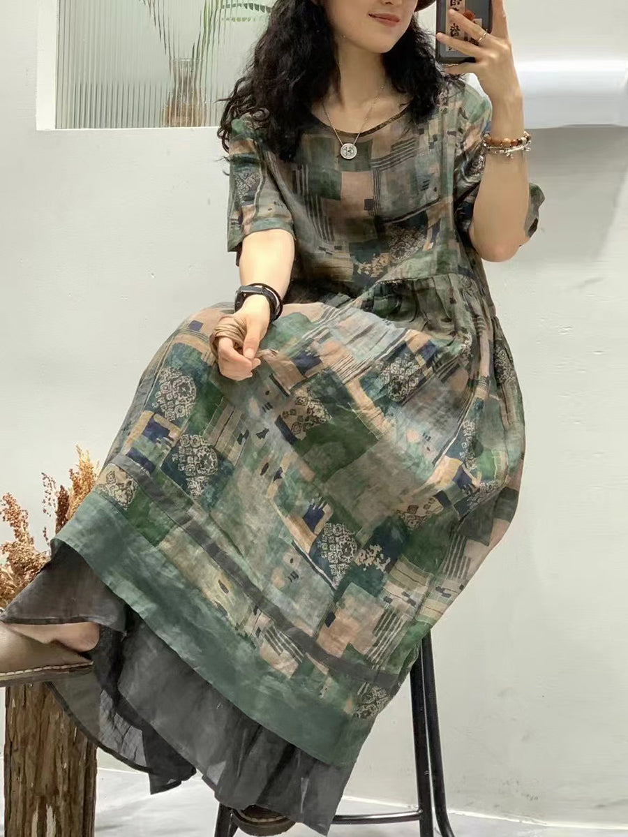 Damen Sommer Blumen Kunstvoll Gespleißtes Maxi Ramie Kleid UI1003