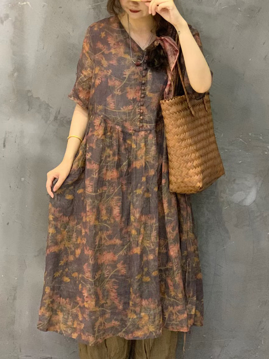 Frauen Sommer Vintage Blume Ramie Knopf Kleid UI1002