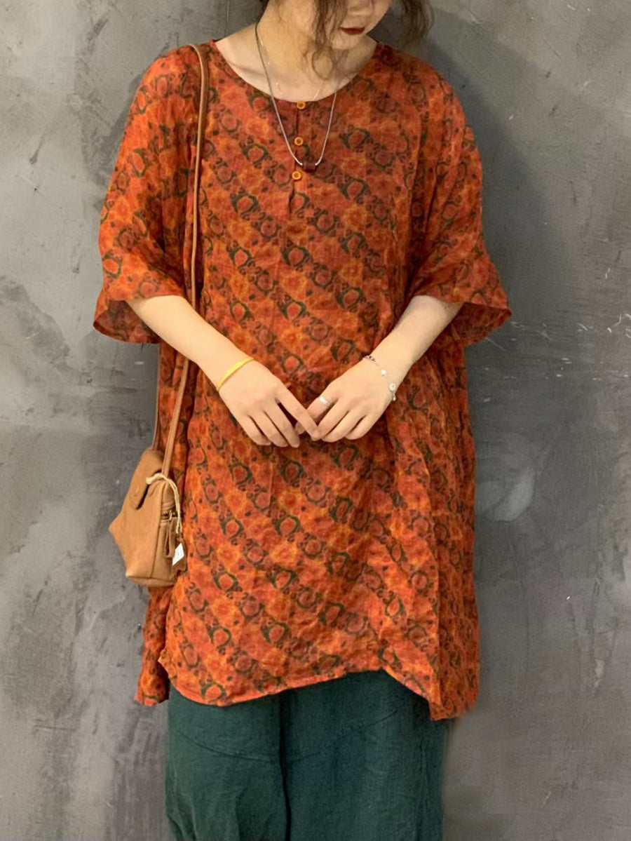 Damen Sommer Artsy Flower Ramie Kurzes Hemdkleid AS1024