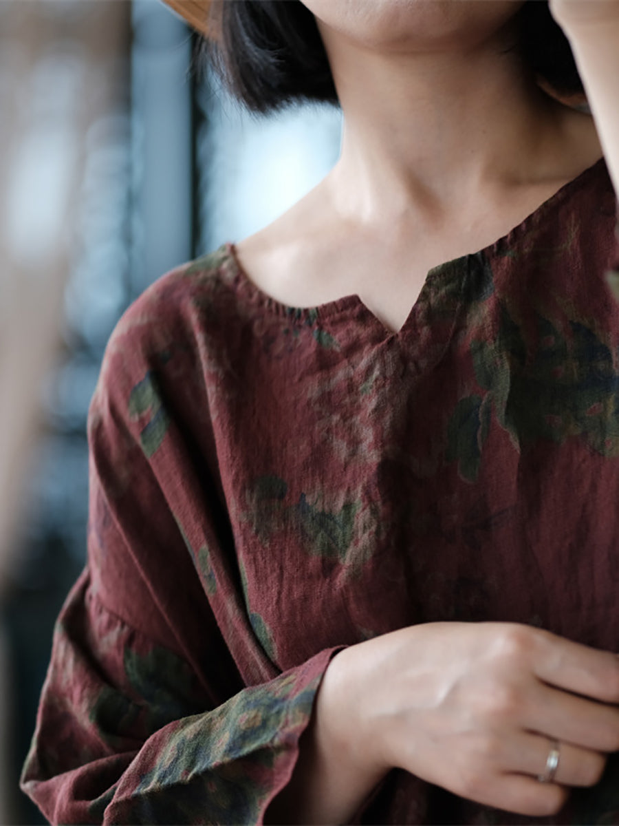 Robe en lin à manches longues et ample pour femme, motif floral ethnique AS1058