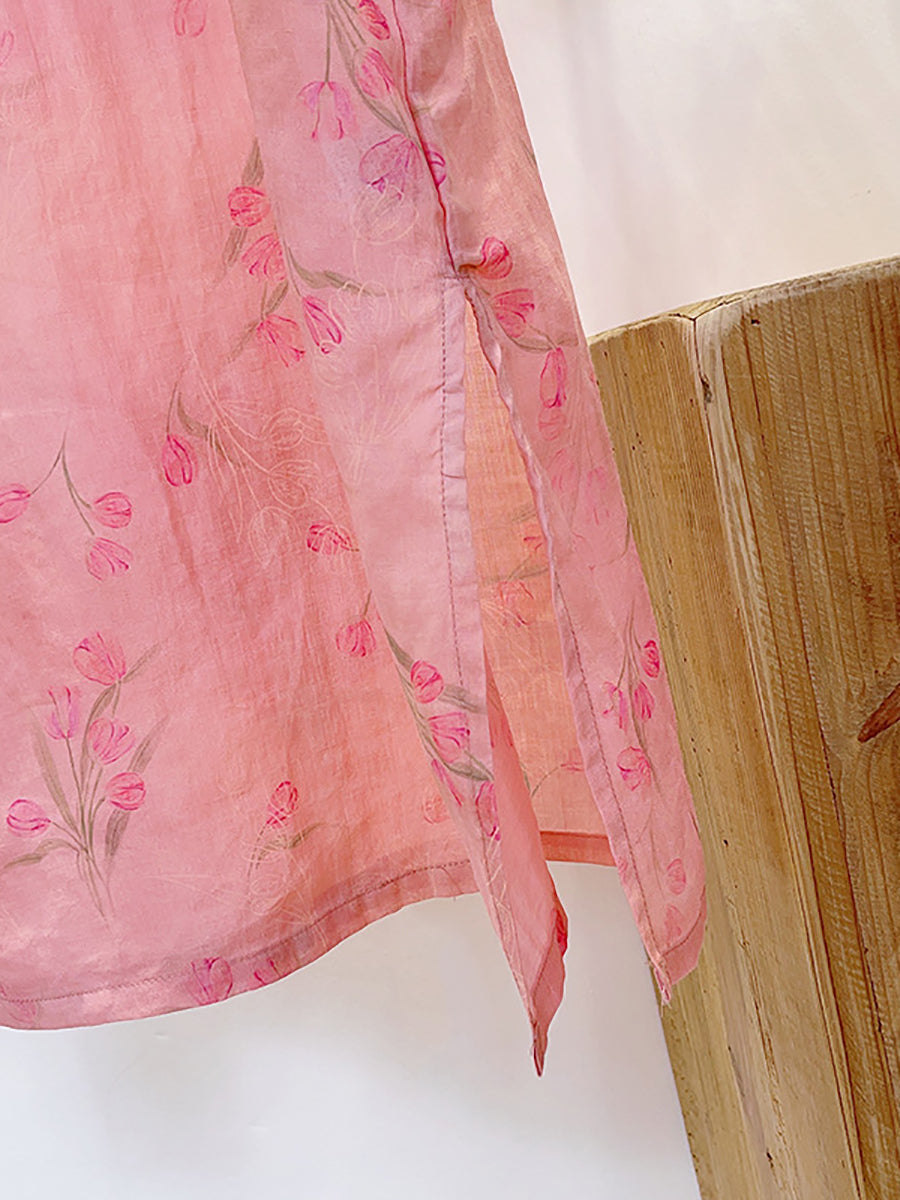 Frauen Sommer Vintage Floral Gespleißt Ramie Kleid II1051