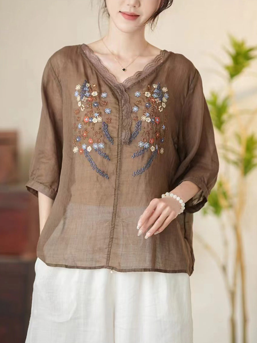Women Summer Artsy Floral Embroidery V-Neck Ramie Shirt CC009