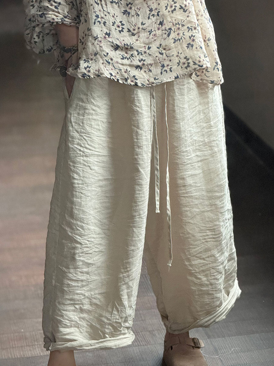 Pants Women Vintage Solid Autumn Ramie Loose Wide-leg