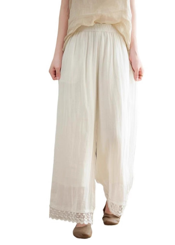Wide New Lace Black 2025 Patchwork Pants Waist Leg Linen Elastic