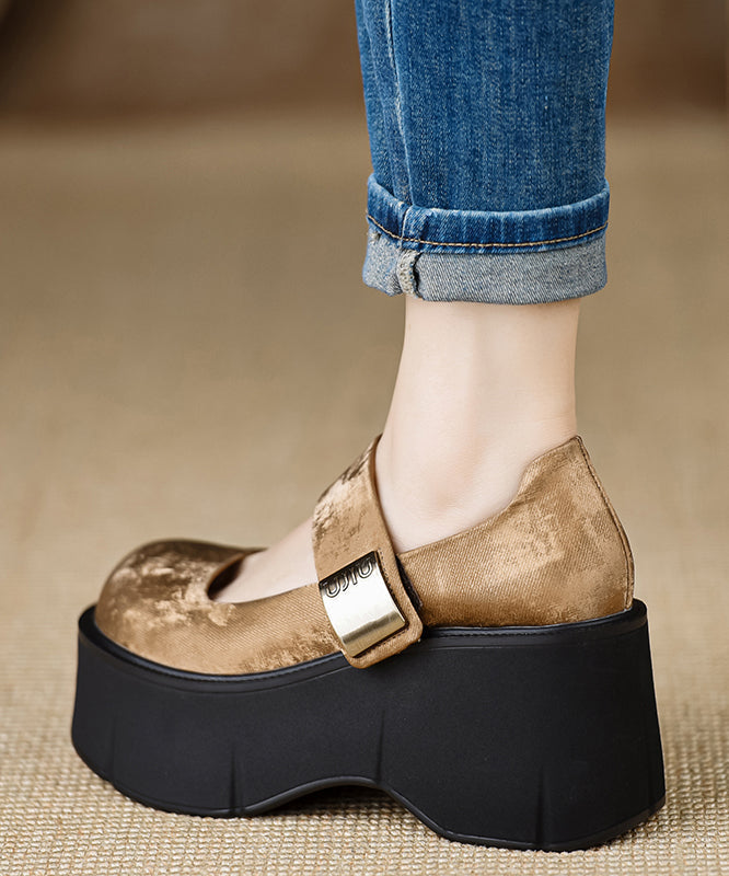 Satin Strap Heels Brown 2025 New Wedge High Splicing Buckle