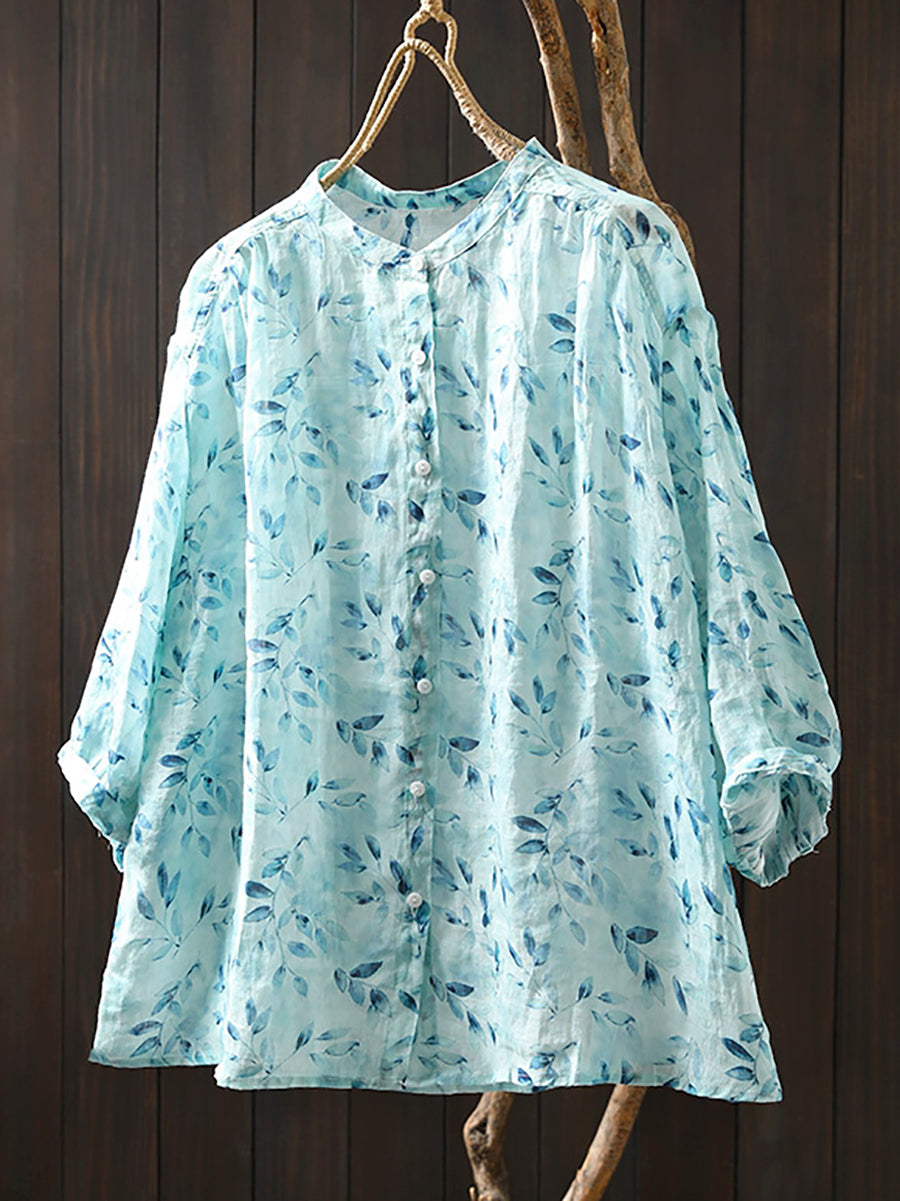 Collar Shirt 100%Ramie Women Stand Summer Flower Artsy