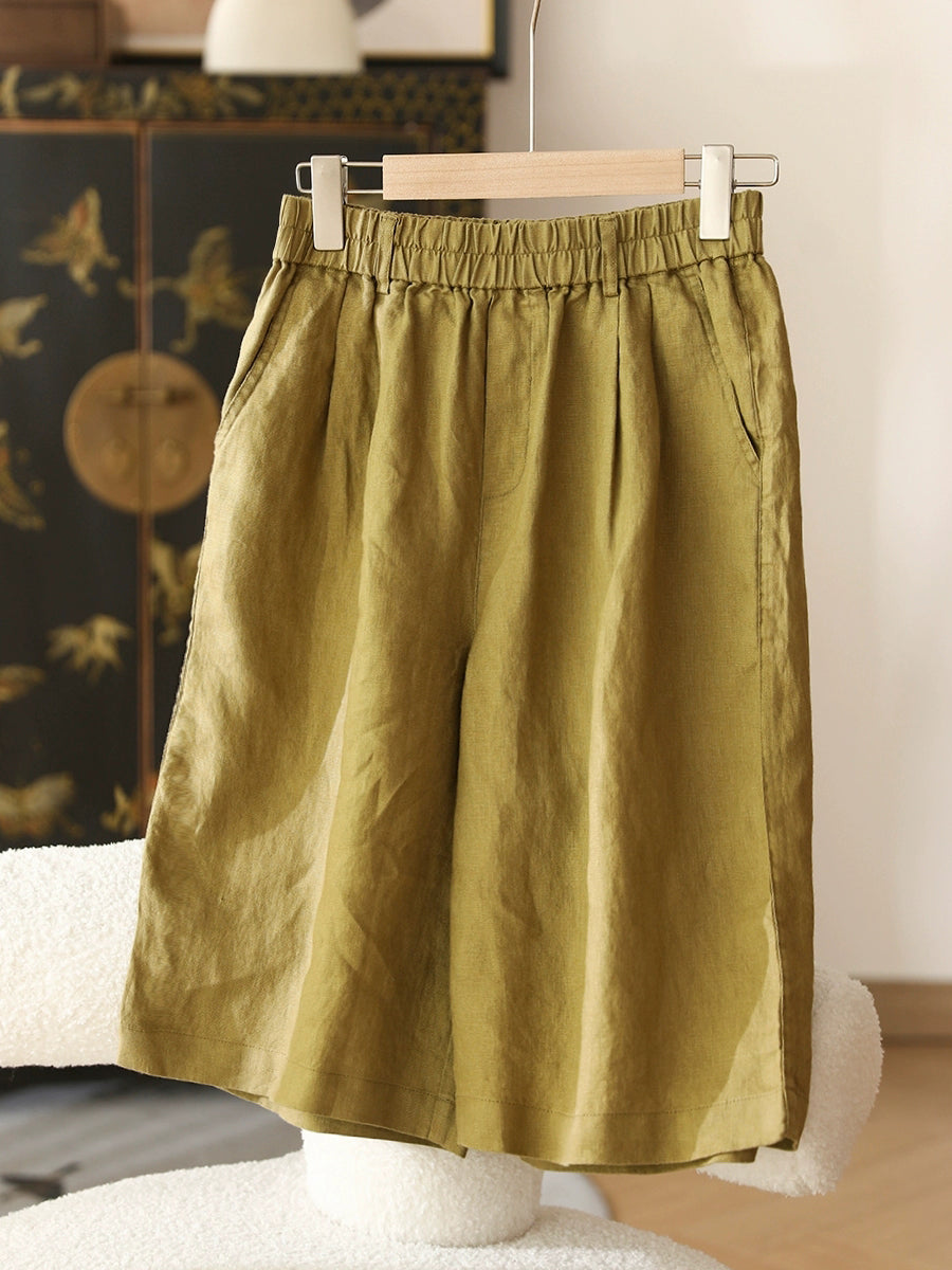 Color Pure 100%Linen Women Casual Pants Fifth Summer