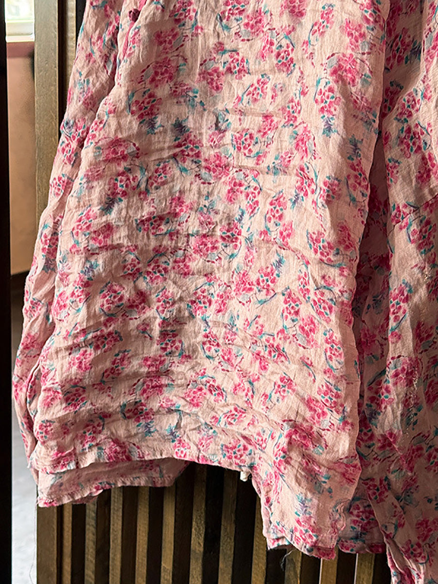 Shirt Summer Women Ramie Floral O-Neck Artsy