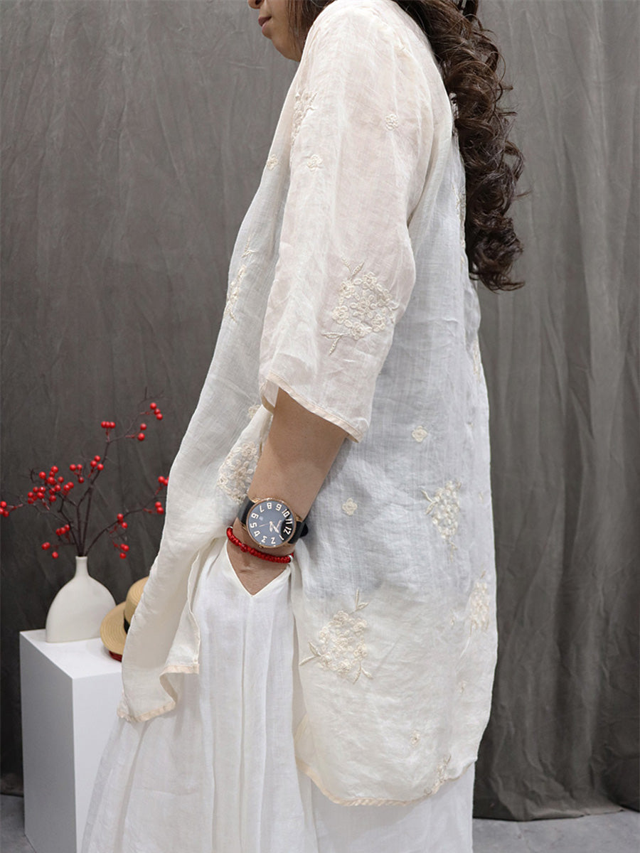 Embroidery O-Neck 100%Ramie Flower Summer Women Shirt