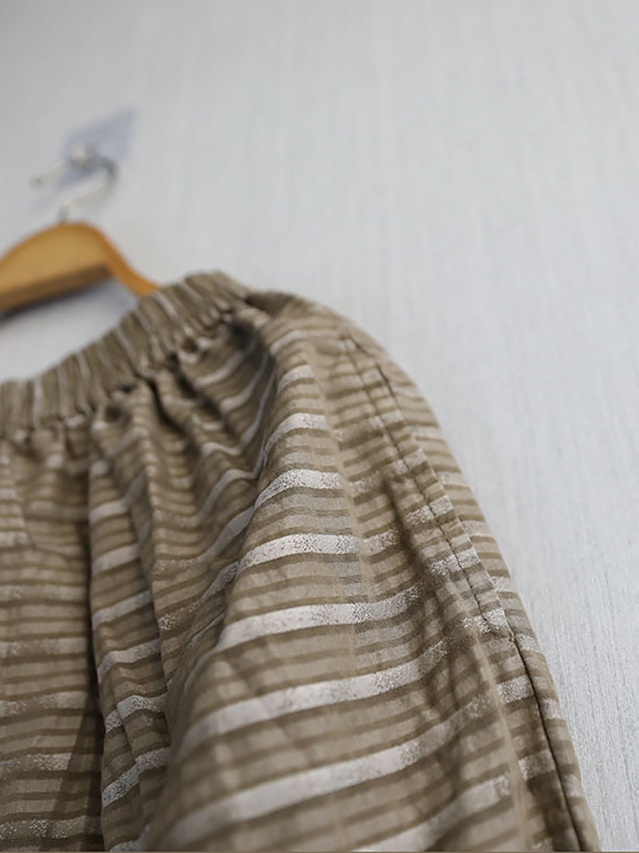 Women Ramie Summer Stripe Pants Retro Wide-leg
