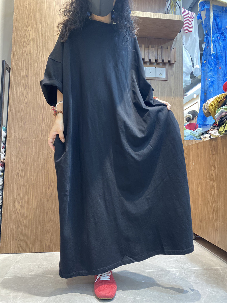 Cotton Color Dress O-Neck Pure Women Casual Maxi Summer