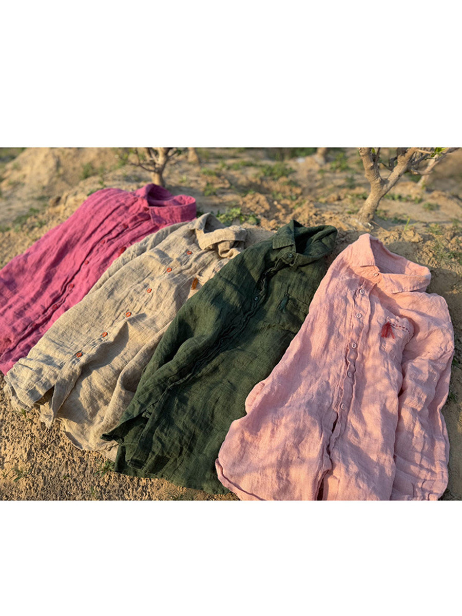 Collar Turn-down Linen Retro Summer Pure Shirt Color Women