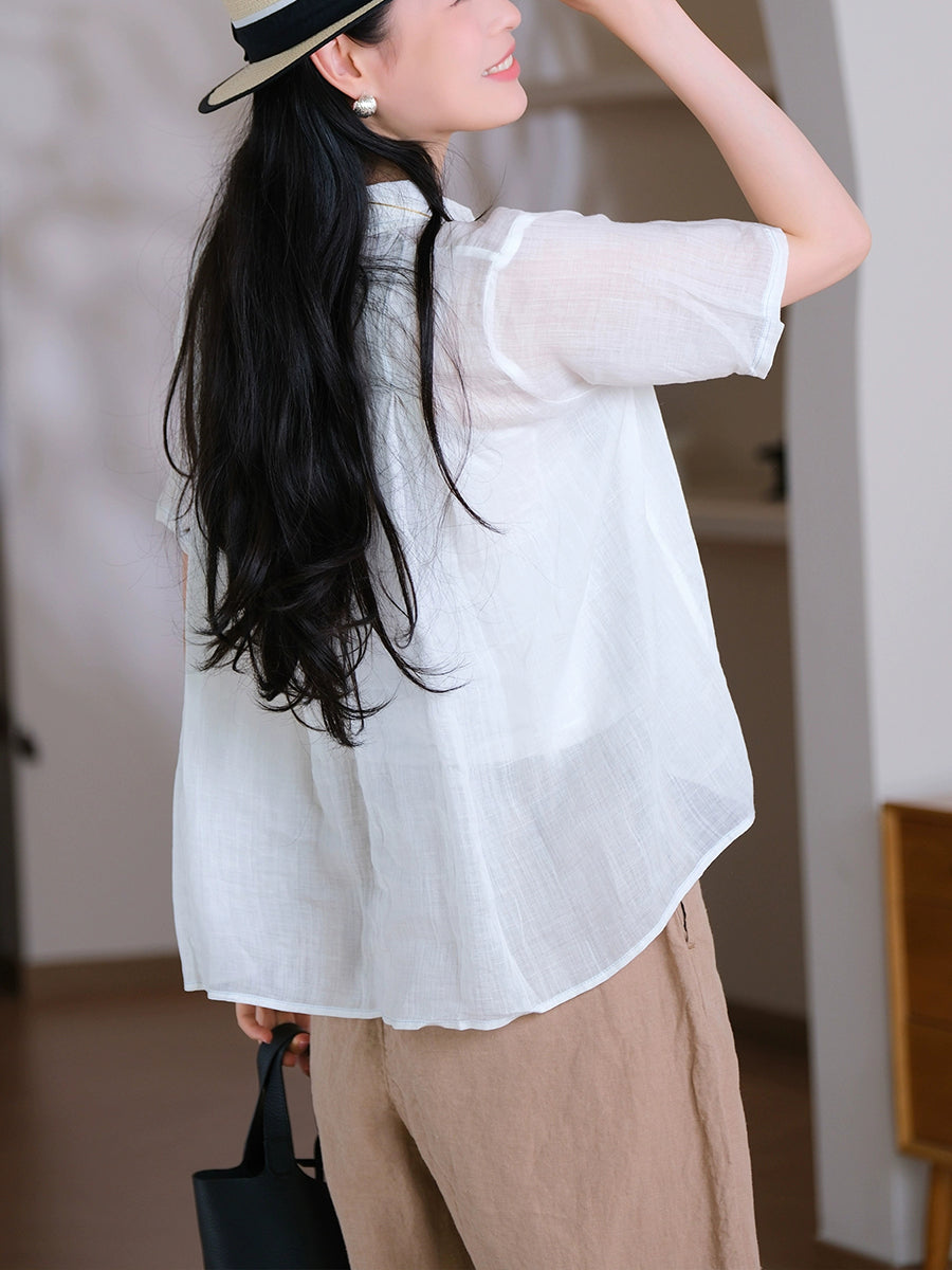 Shirt Pure 100%Ramie Collar Turn-down Women Summer Color