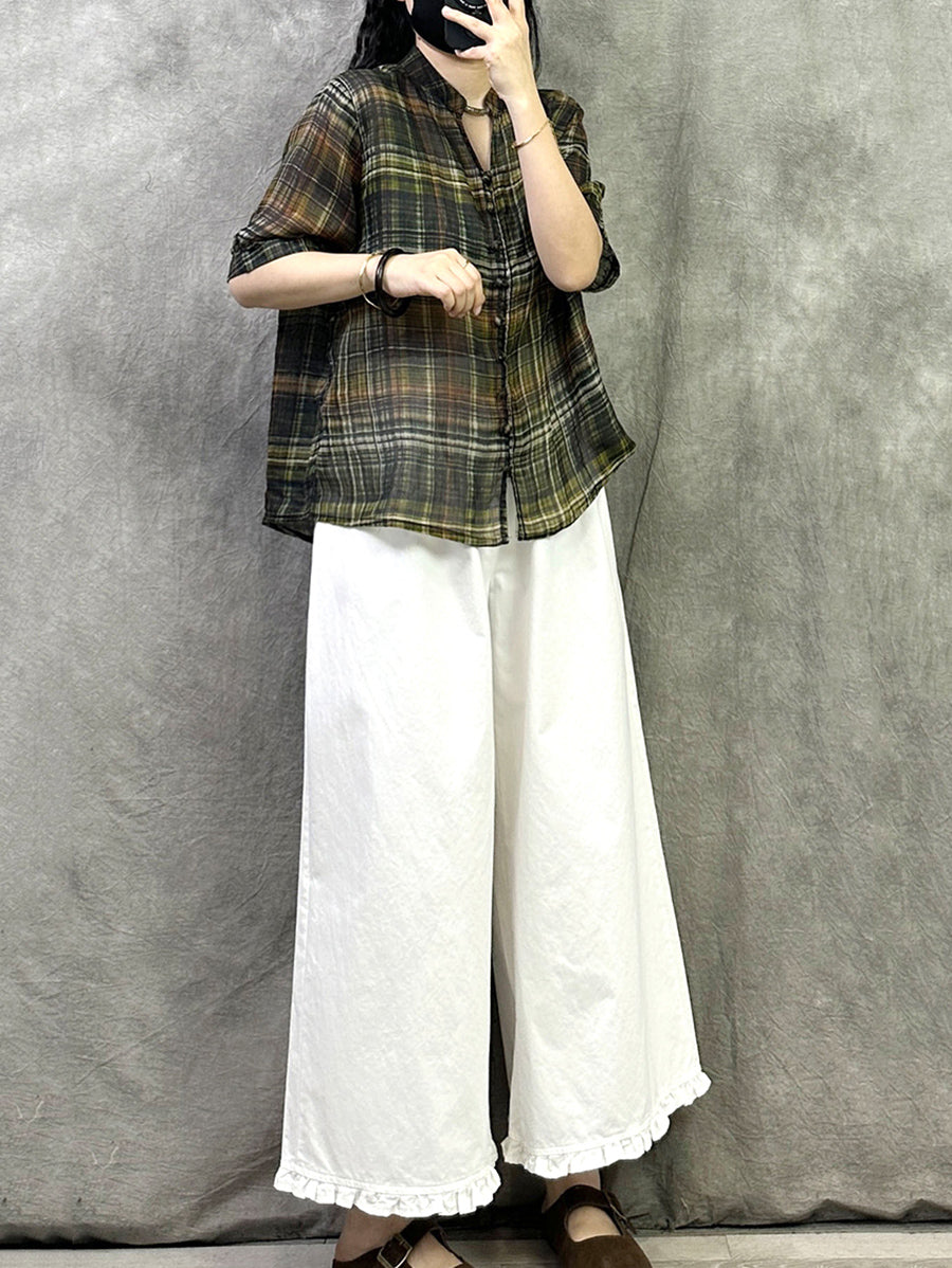 Women Summer Retro Plaid V-Neck Ramie Shirt
