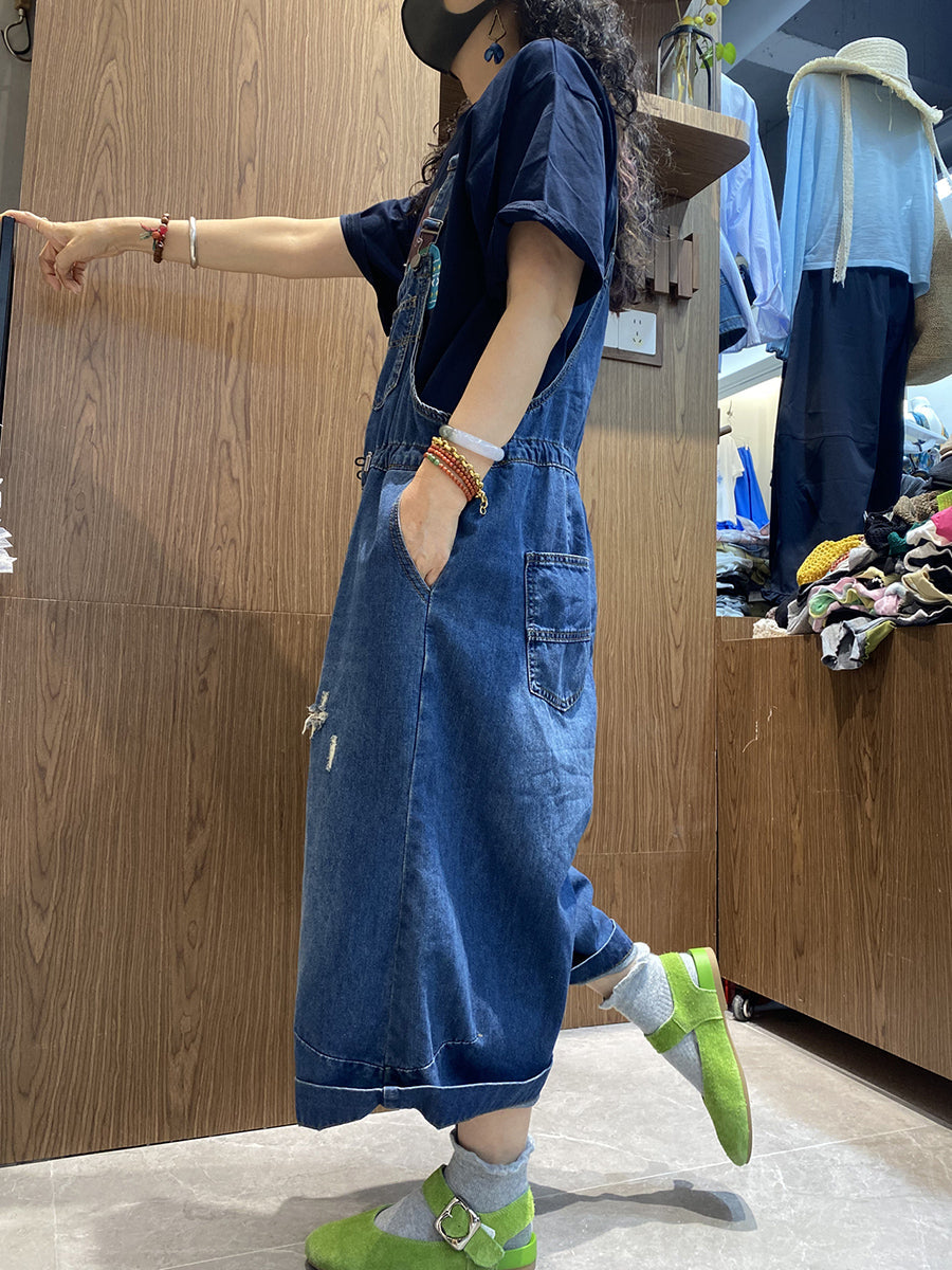 Women Denim Retro Jumpsuits Long Pure Frayed Summer Color